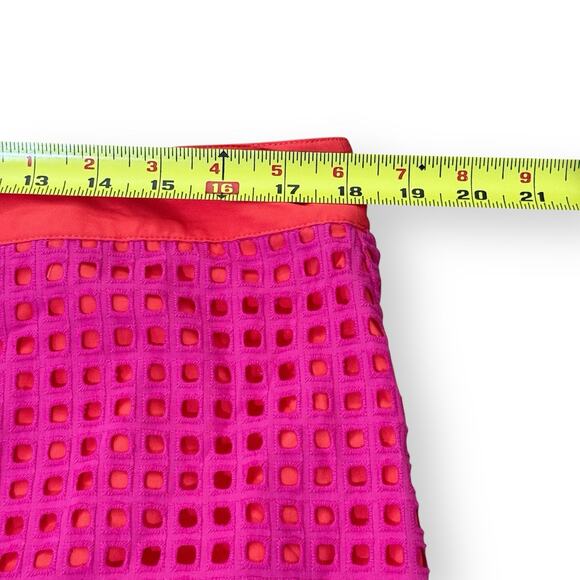 Talbots Pencil Skirt Sz 14 Pink Orange Geometric Eyelet Lined Cotton Knee Length - Picture 8 of 9